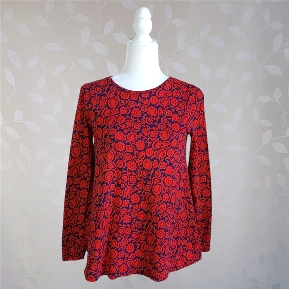 Boden Retro Folk Art Floral Print Long Sleeve Cotton Blend Top US 6 Red Blue - Picture 2 of 14